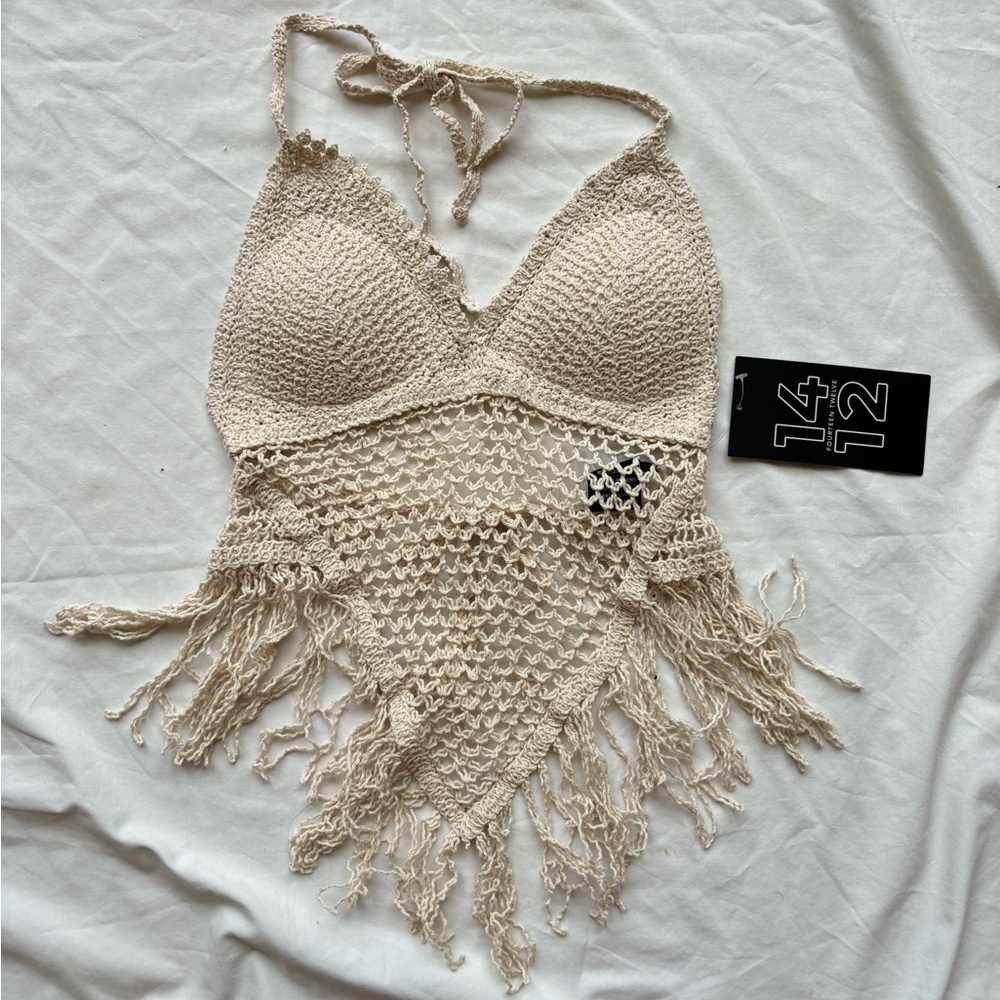 new with tags macy’s festival bohemian cream white crochet knit open back top